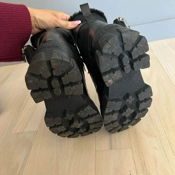 PRADA monolith leather and nylon biker boots with shearling lining black size 35 - Picture 5 of 8